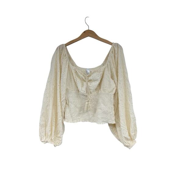 Venus Cream Long Puff Sleeve Boho Milkmaid Style Cropped Top Womens Large - Picture 1 of 7